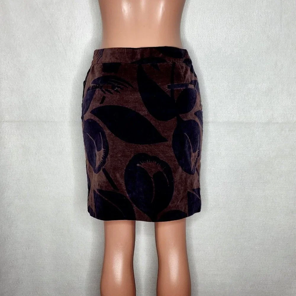 Boden Brown Velvet A-Line Tulip Skirt Floral Pockets Cotton Stretch
